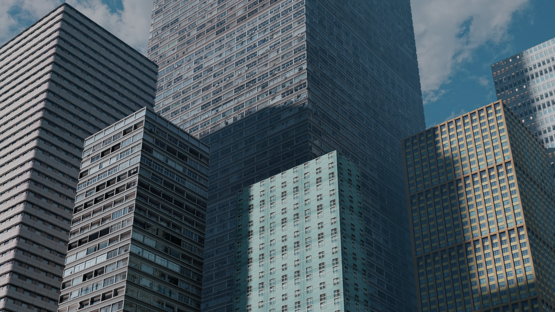 Blender city attempt A 3D view of six different realistic-looking buildings.