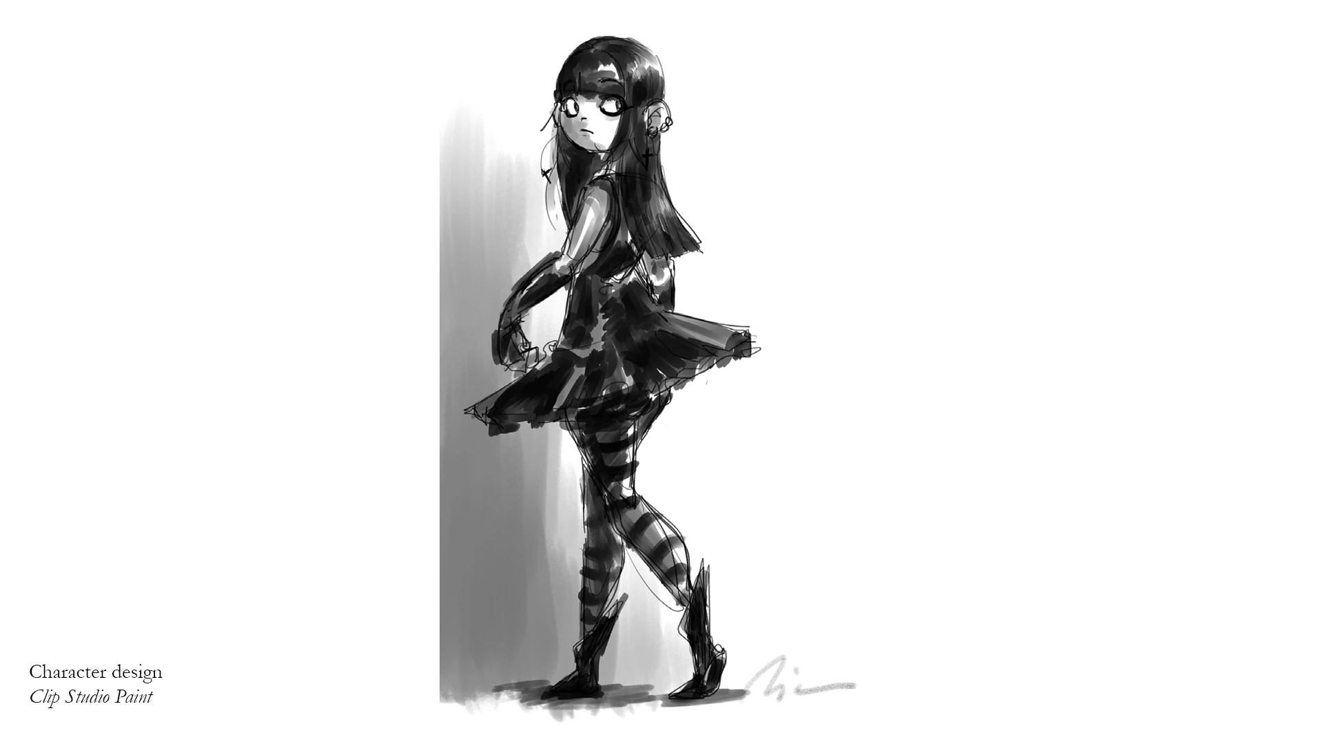 Character concept A rough black and white drawing of a young gothic girl with pale skin, long black hair with bangs, a black tutu, black and white striped tights and black boots. She also has cross earrings and ear piercings. She is seen from the left side, almost turning her back, but her head is turned towards the viewer and her eyes are looking to the right.