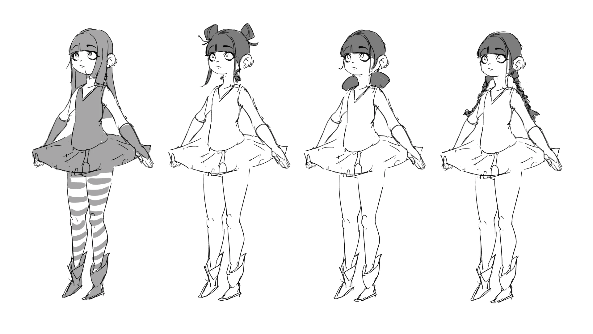 Hairstyle tests Four black and white drawings of the girl from the previous image, each with a different hairstyle. The first has long hair and bangs, the second has space buns, the third has short pigtails, and the fourth has long, low braided pigtails in the style of Wednesday Addams.