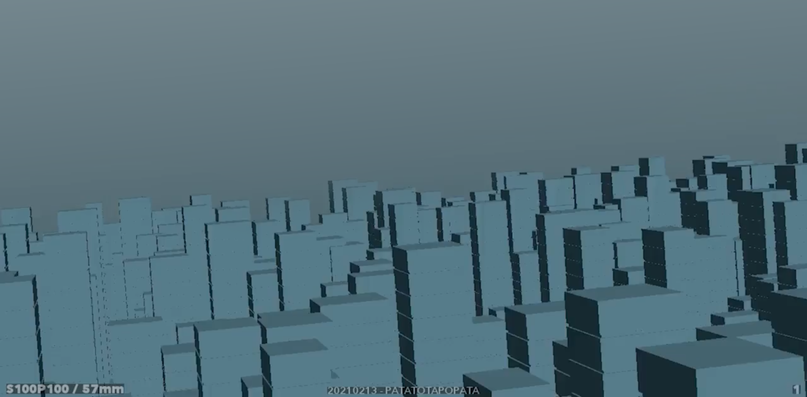 MASH city attempt A 3D landscape with very low detail blue/gray buildings under a dark gray sky. All buildings are the same, but their height is different to give an impression of variety.