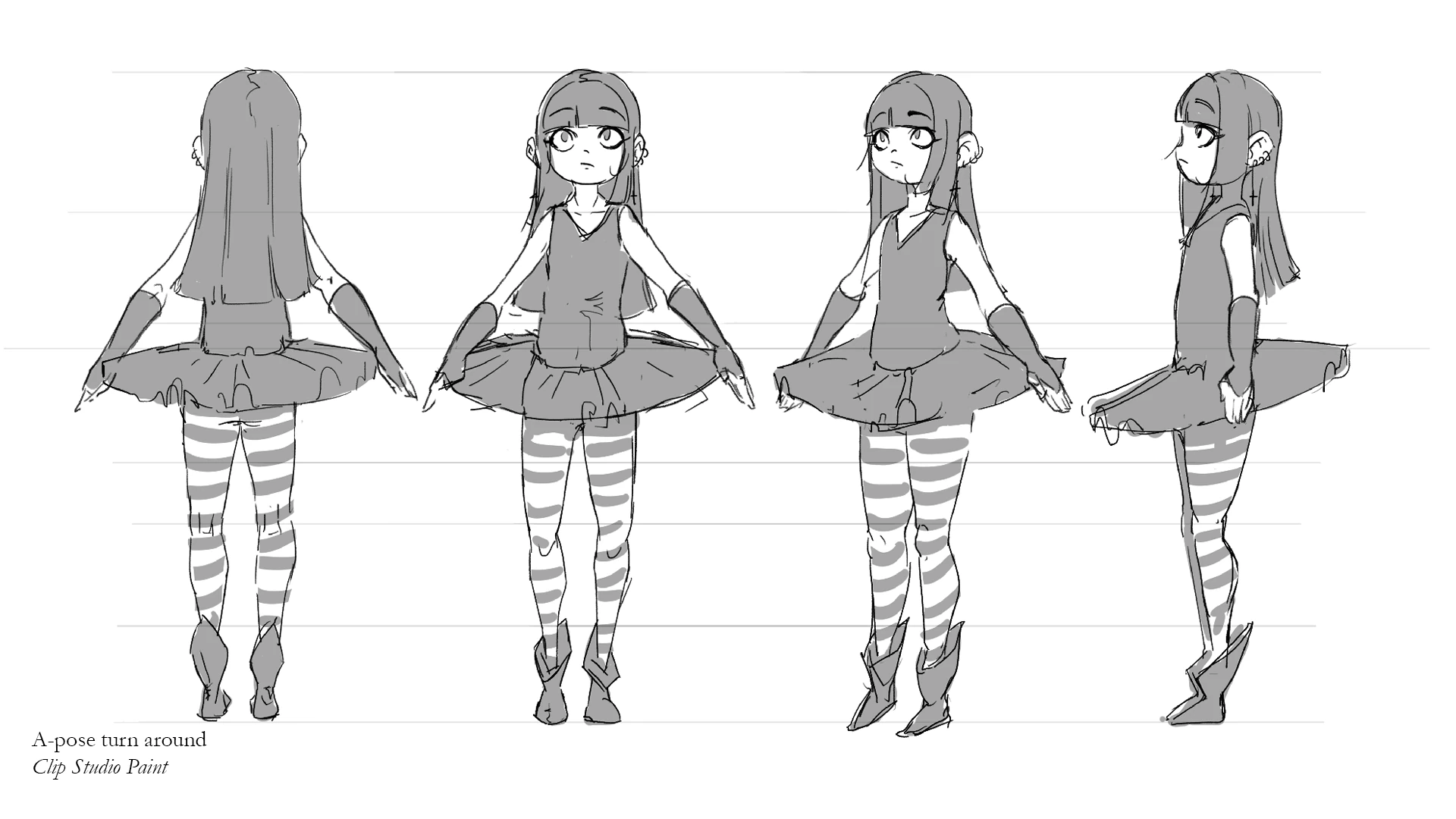 Character turn in A-pose Four black and white drawings of the girl from the previous image, seen from the back, front, three-quarter and side.