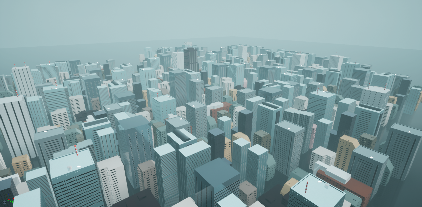 Unreal Engine city attempt A 3D landscape of low detail buildings with different colors. There are lots of kinds of buildings, but the rendering is not very realistic.