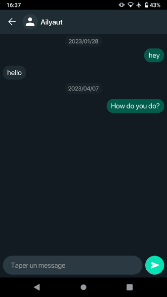 Smoke conversation A screenshot of a conversation in the Smoke app. Person A says 'hey', person B replies 'hello', and then person A asks 'How do you do?'